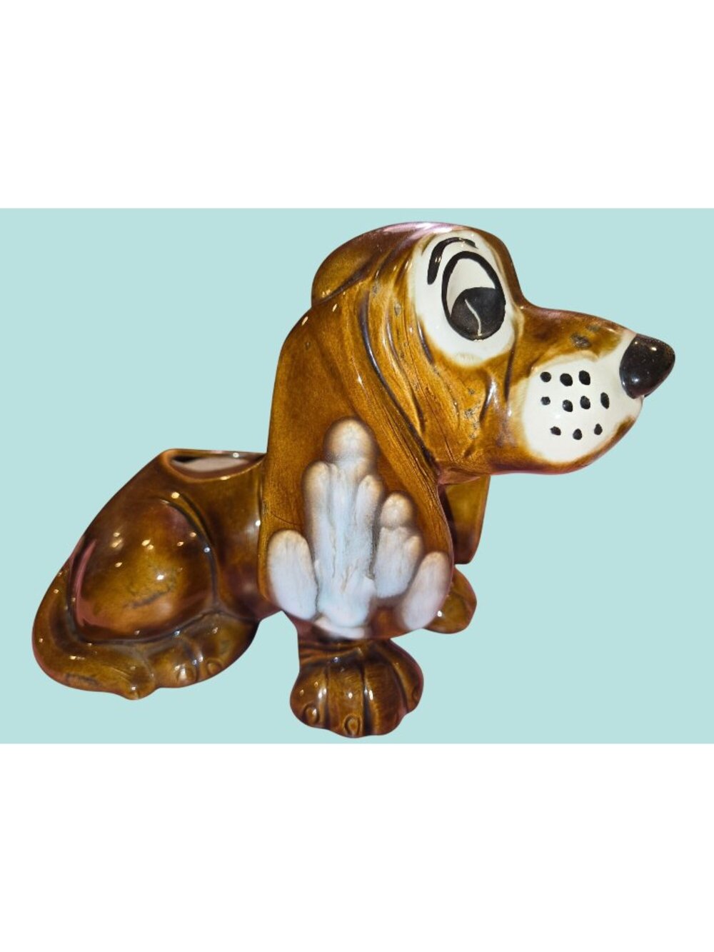 Vintage Ceramic Dog Planter With Glossy Finish Brown & White Basset Hound Design